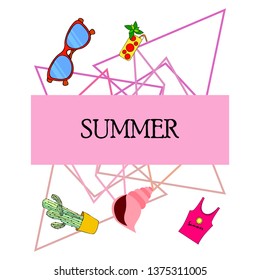 Summer card with cactus, sunglasses, seashell, cocktail, T-shirt. Vector background.