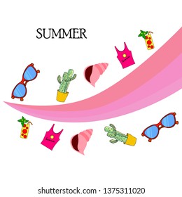 Summer card with cactus, sunglasses, seashell, cocktail, T-shirt. Vector background.