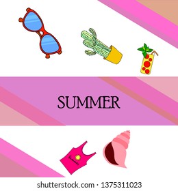 Summer card with cactus, sunglasses, seashell, cocktail, T-shirt. Vector background.
