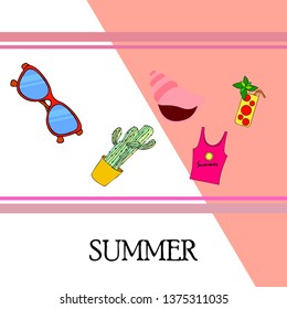 Summer card with cactus, sunglasses, seashell, cocktail, T-shirt. Vector background.
