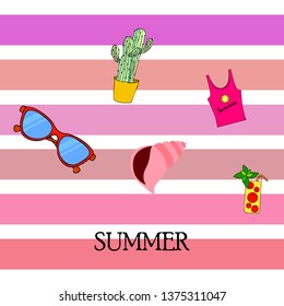 Summer card with cactus, sunglasses, seashell, cocktail, T-shirt. Vector background.