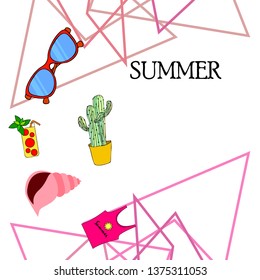 Summer card with cactus, sunglasses, seashell, cocktail, T-shirt. Vector background.