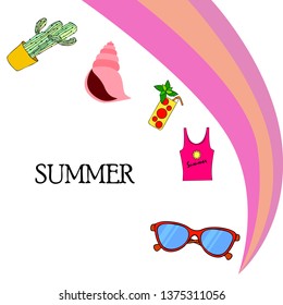Summer card with cactus, sunglasses, seashell, cocktail, T-shirt. Vector background.
