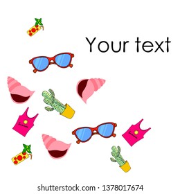 Summer card with cactus, sunglasses, seashell, cocktail, T-shirt. Vector background.