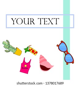 Summer card with cactus, sunglasses, seashell, cocktail, T-shirt. Vector background.