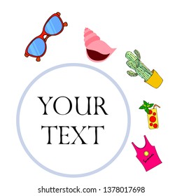 Summer card with cactus, sunglasses, seashell, cocktail, T-shirt. Vector background.