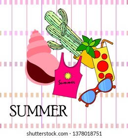 Summer card with cactus, sunglasses, seashell, cocktail, T-shirt. Vector background.