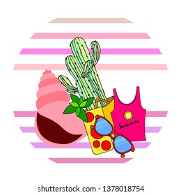 Summer card with cactus, sunglasses, seashell, cocktail, T-shirt. Vector background.