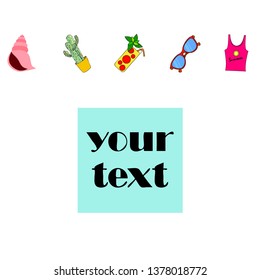 Summer card with cactus, sunglasses, seashell, cocktail, T-shirt. Vector background.