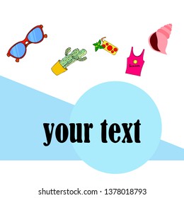Summer card with cactus, sunglasses, seashell, cocktail, T-shirt. Vector background.
