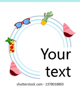 Summer card with cactus, sunglasses, seashell, cocktail, T-shirt. Vector background.