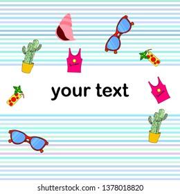 Summer card with cactus, sunglasses, seashell, cocktail, T-shirt. Vector background.