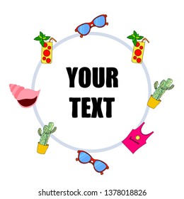Summer card with cactus, sunglasses, seashell, cocktail, T-shirt. Vector background.