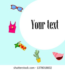Summer card with cactus, sunglasses, seashell, cocktail, T-shirt. Vector background.