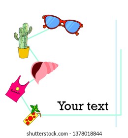 Summer card with cactus, sunglasses, seashell, cocktail, T-shirt. Vector background.
