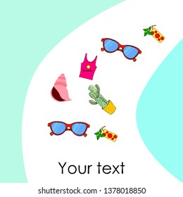 Summer card with cactus, sunglasses, seashell, cocktail, T-shirt. Vector background.