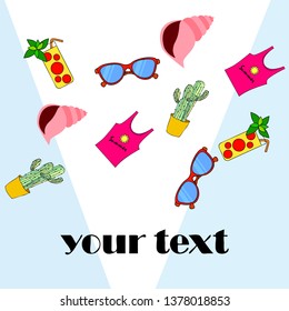 Summer card with cactus, sunglasses, seashell, cocktail, T-shirt. Vector background.