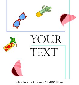 Summer card with cactus, sunglasses, seashell, cocktail, T-shirt. Vector background.