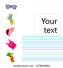 Summer card with cactus, sunglasses, seashell, cocktail, T-shirt. Vector background.