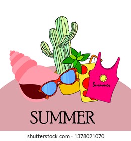 Summer card with cactus, sunglasses, seashell, cocktail, T-shirt. Vector background.