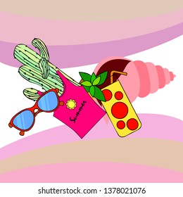 Summer card with cactus, sunglasses, seashell, cocktail, T-shirt. Vector background.