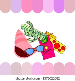 Summer card with cactus, sunglasses, seashell, cocktail, T-shirt. Vector background.