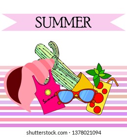 Summer card with cactus, sunglasses, seashell, cocktail, T-shirt. Vector background.