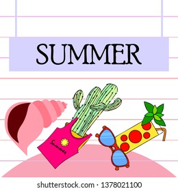 Summer card with cactus, sunglasses, seashell, cocktail, T-shirt. Vector background.