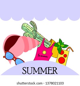 Summer card with cactus, sunglasses, seashell, cocktail, T-shirt. Vector background.