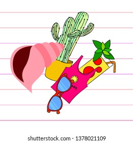 Summer card with cactus, sunglasses, seashell, cocktail, T-shirt. Vector background.