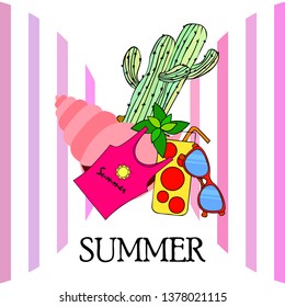 Summer card with cactus, sunglasses, seashell, cocktail, T-shirt. Vector background.