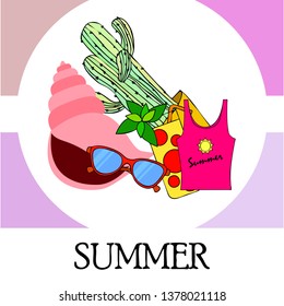 Summer card with cactus, sunglasses, seashell, cocktail, T-shirt. Vector background.