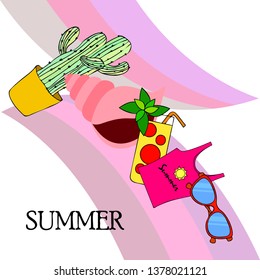 Summer card with cactus, sunglasses, seashell, cocktail, T-shirt. Vector background.