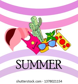 Summer card with cactus, sunglasses, seashell, cocktail, T-shirt. Vector background.