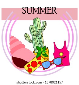 Summer card with cactus, sunglasses, seashell, cocktail, T-shirt. Vector background.