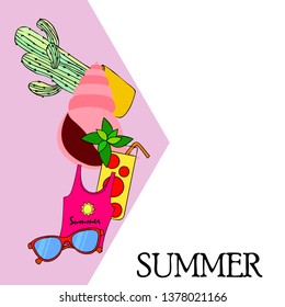 Summer card with cactus, sunglasses, seashell, cocktail, T-shirt. Vector background.