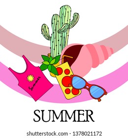 Summer card with cactus, sunglasses, seashell, cocktail, T-shirt. Vector background.