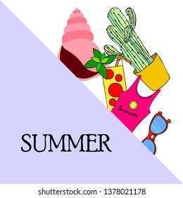 Summer card with cactus, sunglasses, seashell, cocktail, T-shirt. Vector background.