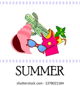 Summer card with cactus, sunglasses, seashell, cocktail, T-shirt. Vector background.