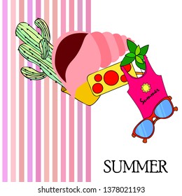 Summer card with cactus, sunglasses, seashell, cocktail, T-shirt. Vector background.
