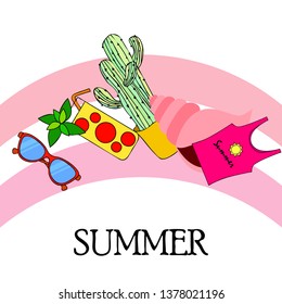 Summer card with cactus, sunglasses, seashell, cocktail, T-shirt. Vector background.