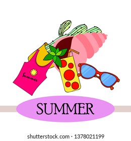 Summer card with cactus, sunglasses, seashell, cocktail, T-shirt. Vector background.