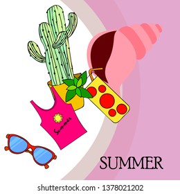 Summer card with cactus, sunglasses, seashell, cocktail, T-shirt. Vector background.
