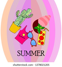 Summer card with cactus, sunglasses, seashell, cocktail, T-shirt. Vector background.
