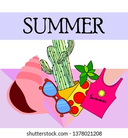 Summer card with cactus, sunglasses, seashell, cocktail, T-shirt. Vector background.
