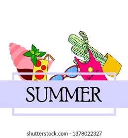Summer card with cactus, sunglasses, seashell, cocktail, T-shirt. Vector background.