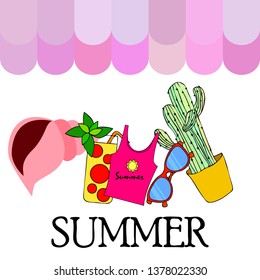 Summer card with cactus, sunglasses, seashell, cocktail, T-shirt. Vector background.