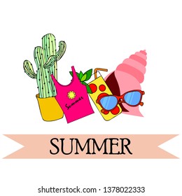 Summer card with cactus, sunglasses, seashell, cocktail, T-shirt. Vector background.