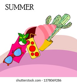 Summer card with cactus, sunglasses, seashell, cocktail, T-shirt. Vector background.