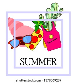 Summer card with cactus, sunglasses, seashell, cocktail, T-shirt. Vector background.